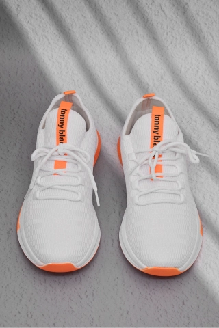 Men Women White and Orange Breathable Lightweight Mesh Running Sneakers